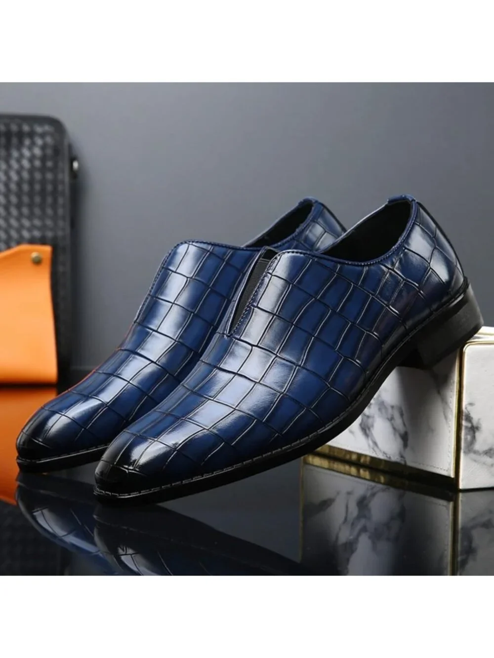 Men's Blue Soft Leather Penny Loafers Dress Slip-on for Formal Business